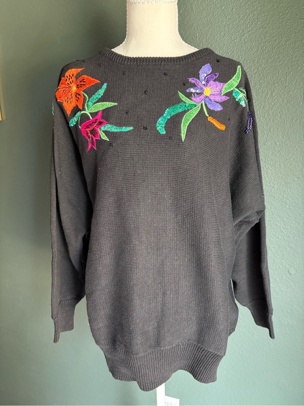 VTG 80s Lacy Afternoon by Shell Kepler Floral Sequin Ramie Cotton Sweater Size L
